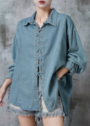 French Blue Grey Cross Strap Denim Shirt Top Fall