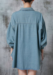 French Blue Grey Cross Strap Denim Shirt Top Fall