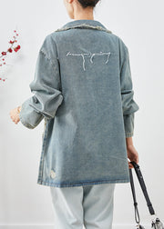 French Blue Grey Oversized Pockets Denim Ripped Coat Outwear Fall