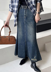 French Blue Hole High Waist Denim Maxi Skirts Fall