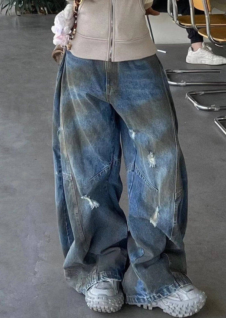 French Blue Hole High Waist Denim Pants Fall