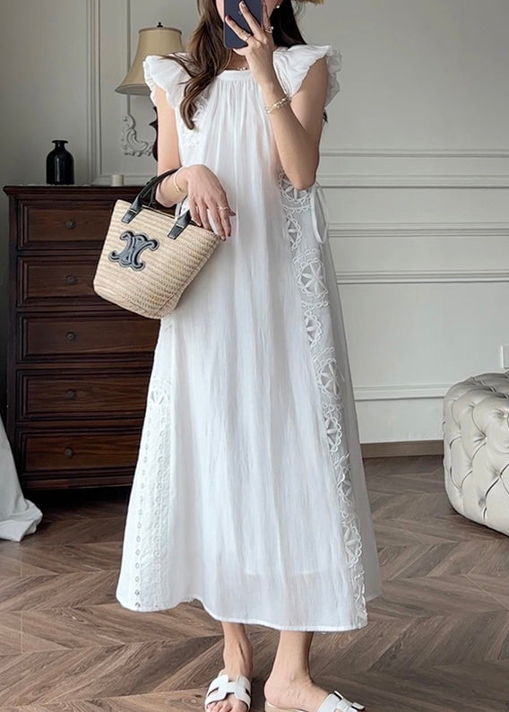 French Blue Hollow Out Embroidered Cotton Dresses Petal Sleeve