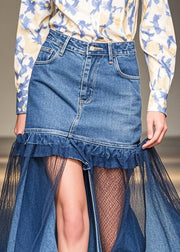 French Blue Hollow Out Patchwork Denim Skirt Summer