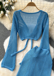 French Blue Hollow Out Tops And Side Open Skirts Knit Two Pieces Set Fall