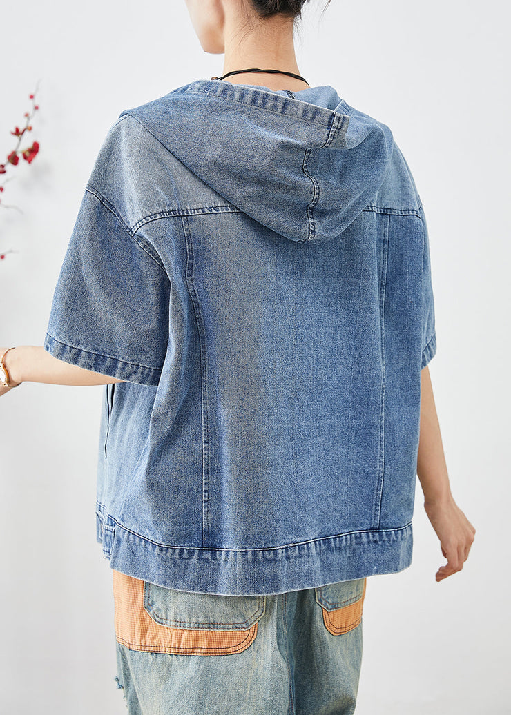 French Blue Hooded Oversized Denim Coat Short Sleeve