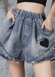 French Blue Love Embroidered Patchwork Denim Shorts Summer