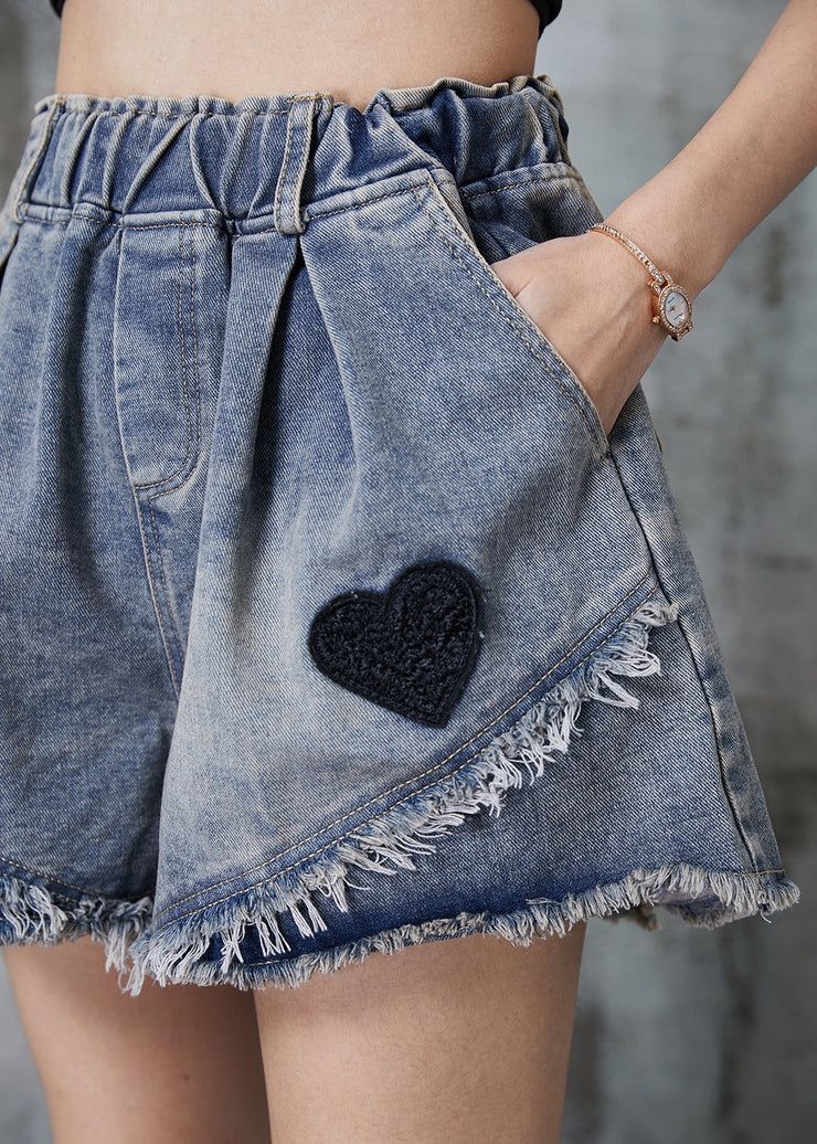 French Blue Love Embroidered Patchwork Denim Shorts Summer