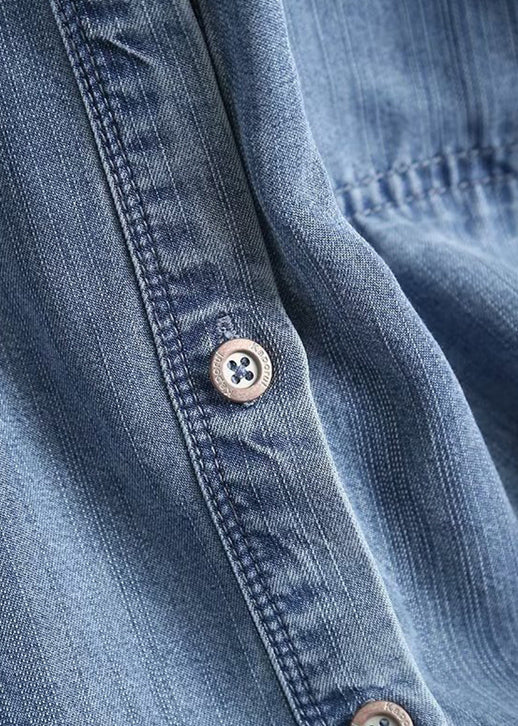 French Blue O Neck Button Pockets Denim Shirts Long Sleeve