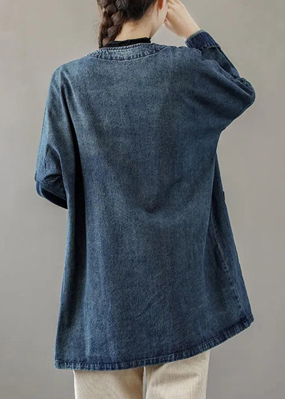 French Blue O-Neck Pockets Patchwork Denim Coats Long Sleeve