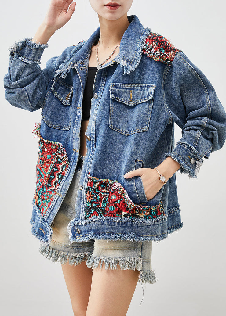 French Blue Oversized Patchwork Applique Denim Coats Spring