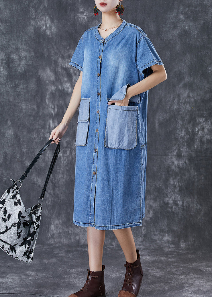 French Blue Oversized Patchwork Pockets Cotton Vacation Dresses Fall