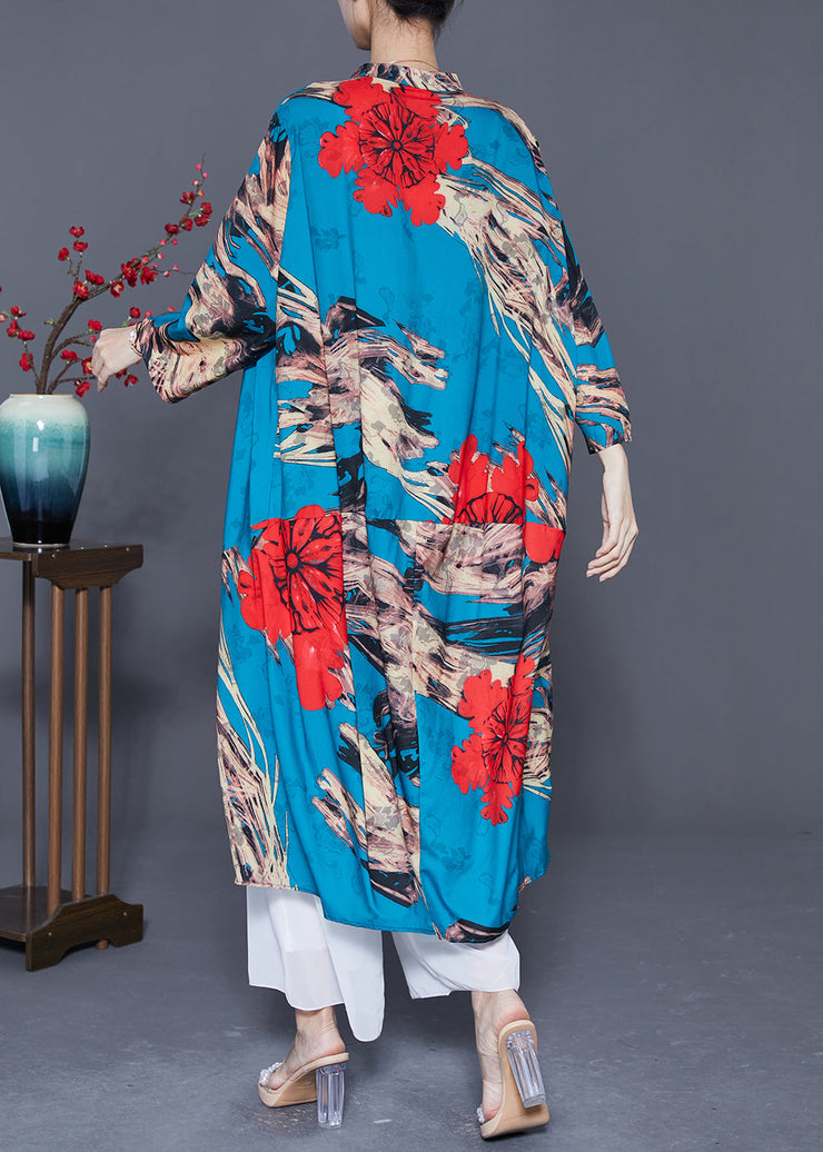 French Blue Oversized Patchwork Print Silk Holiday Dress Summer