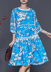 French Blue Oversized Print Chiffon Mid Dress Summer