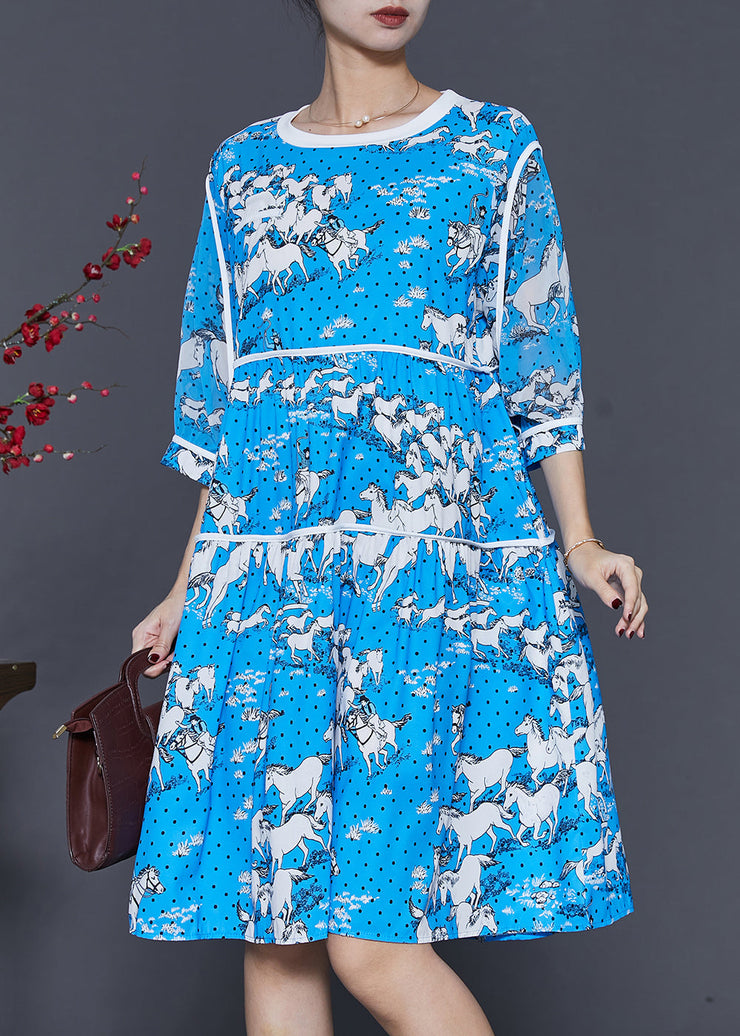 French Blue Oversized Print Chiffon Mid Dress Summer