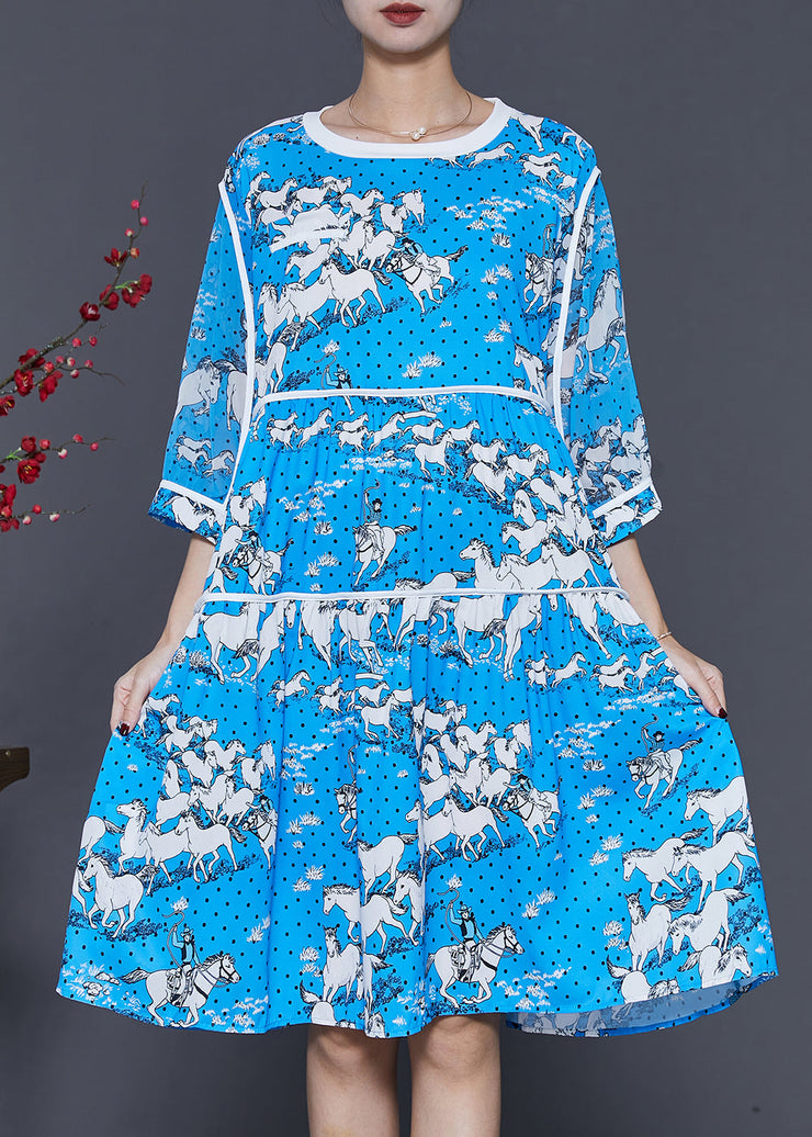 French Blue Oversized Print Chiffon Mid Dress Summer