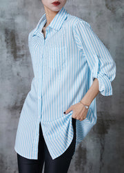 French Blue Oversized Striped Zircon Cotton Blouse Tops Summer