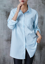 French Blue Oversized Striped Zircon Cotton Blouse Tops Summer