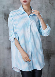 French Blue Oversized Striped Zircon Cotton Blouse Tops Summer