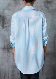 French Blue Oversized Striped Zircon Cotton Blouse Tops Summer