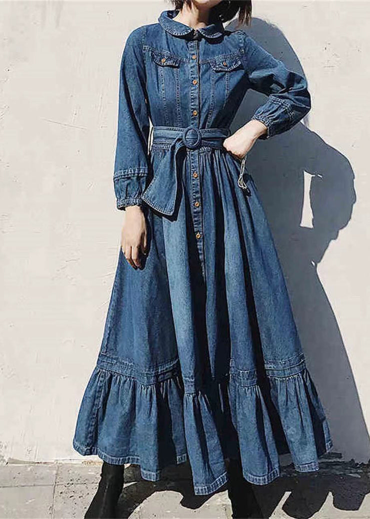 French Blue Peter Pan Collar Button Denim Dress Long Sleeve