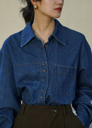 French Blue Peter Pan Collar Button Pockets Denim Shirts Fall