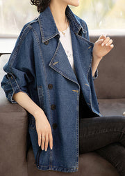 French Blue Peter Pan Collar Patchwork Button Denim Coats Long Sleeve