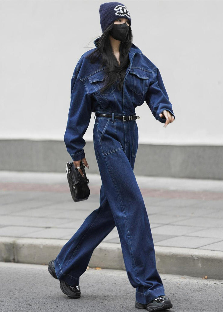 French Blue Peter Pan Collar Pockets Denim Jumpsuit Fall