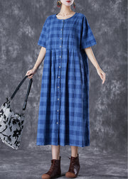 French Blue Plaid Button Down Linen Long Dresses Summer