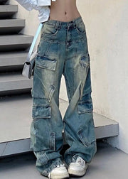 French Blue Pockets Elastic Waist Denim Pants Fall