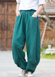 French Blue Pockets Elastic Waist Linen Pants Summer