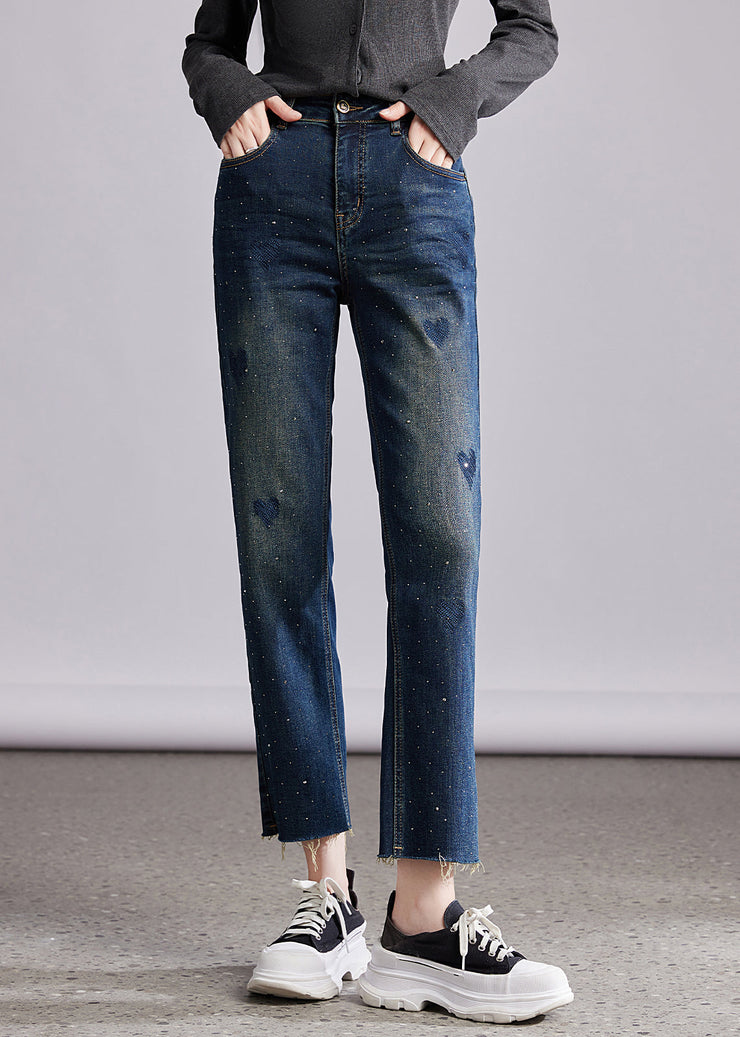 French Blue Pockets Heart Zircon Denim Straight Trousers Fall