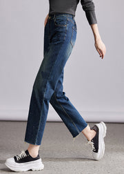 French Blue Pockets Heart Zircon Denim Straight Trousers Fall