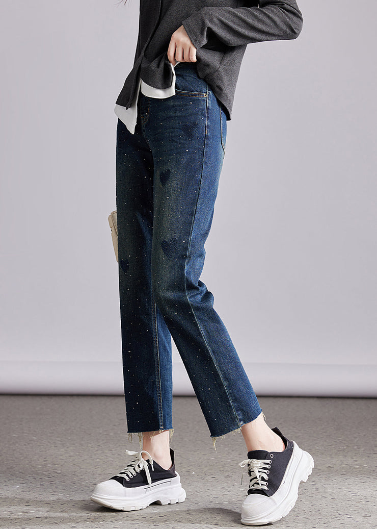 French Blue Pockets Heart Zircon Denim Straight Trousers Fall