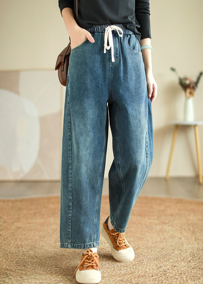 French Blue Pockets High Waist Denim Crop Pants Spring