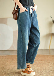 French Blue Pockets High Waist Denim Crop Pants Spring