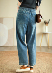 French Blue Pockets High Waist Denim Crop Pants Spring