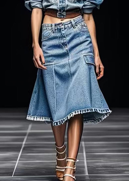 French Blue Pockets High Waist Patchwork Denim Skirt Summer