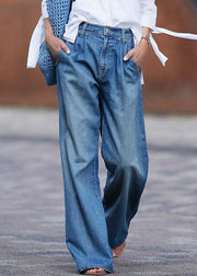 French Blue Pockets Patchwork High Waist Denim Trousers Spring