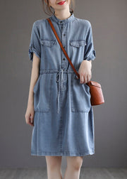 French Blue Pockets Tie Waist Denim Dresses Summer