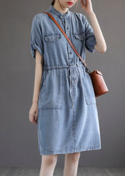 French Blue Pockets Tie Waist Denim Dresses Summer