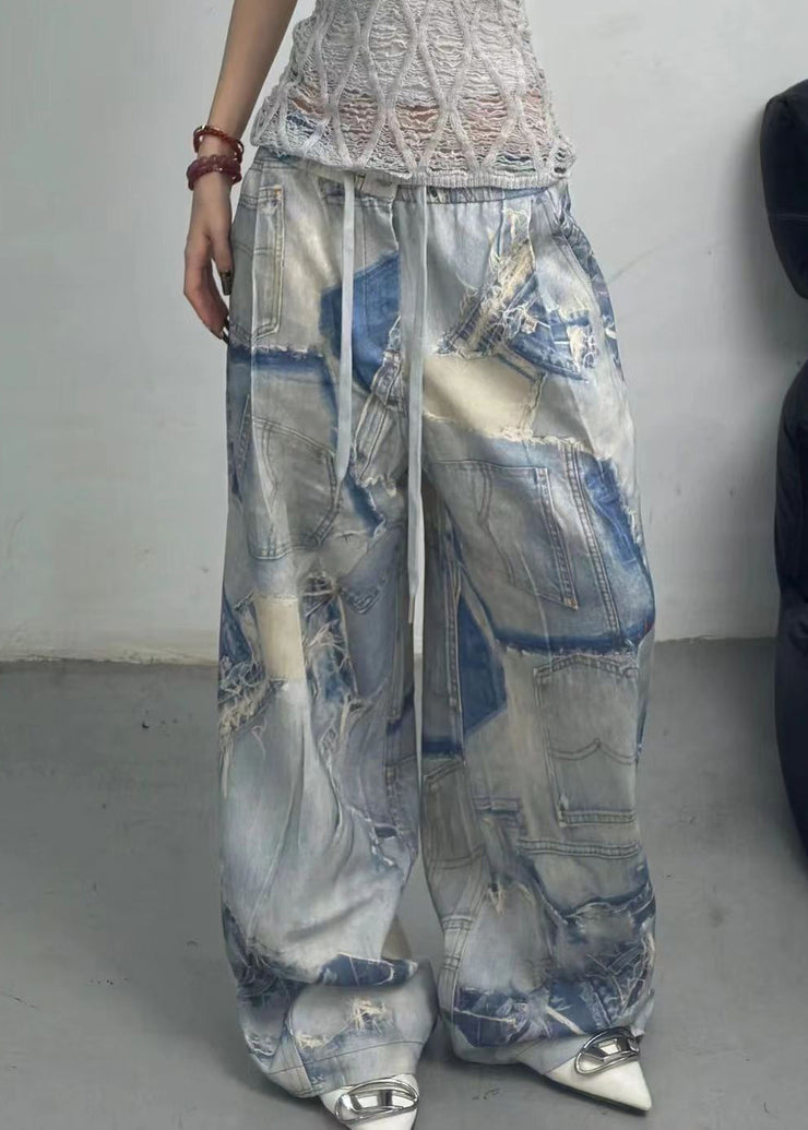 French Blue Print Pockets Elastic Waist Denim Pants Fall