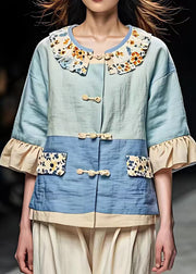 French Blue Print Ruffled Patchwork Coats Half Sleeve