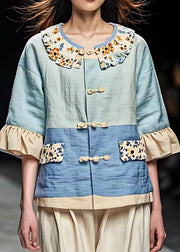 French Blue Print Ruffled Patchwork Coats Half Sleeve