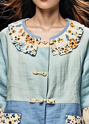 French Blue Print Ruffled Patchwork Coats Half Sleeve