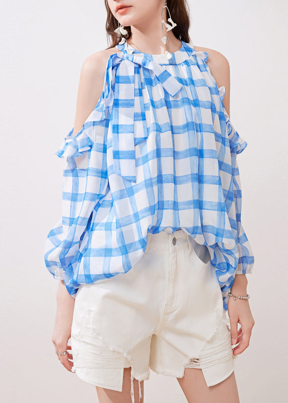 French Blue Ruffled Cold Shoulder Chiffon Shirt Summer