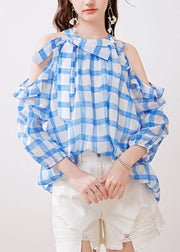 French Blue Ruffled Cold Shoulder Chiffon Shirt Summer