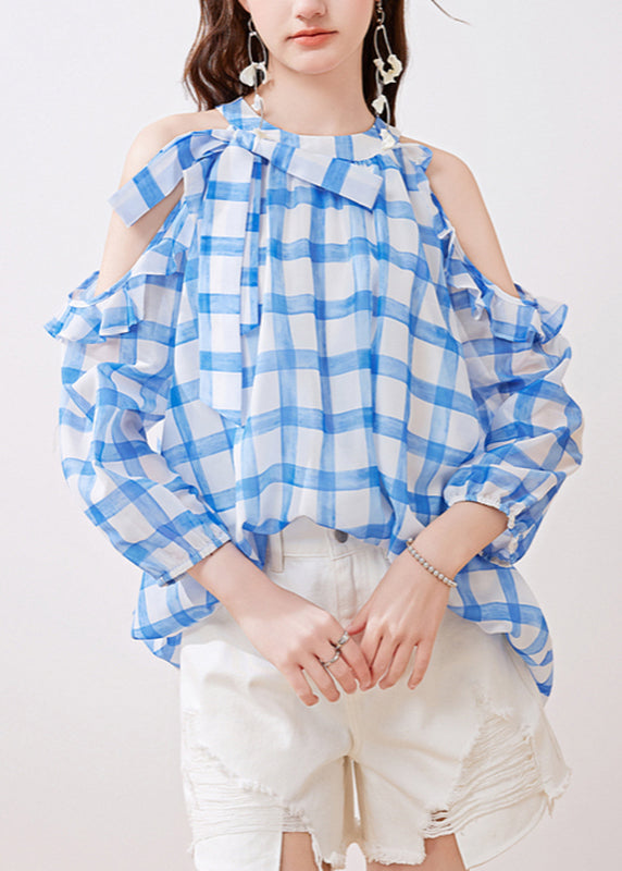 French Blue Ruffled Cold Shoulder Chiffon Shirt Summer