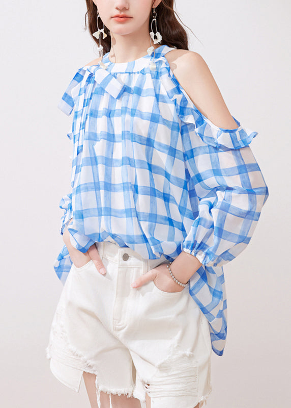 French Blue Ruffled Cold Shoulder Chiffon Shirt Summer