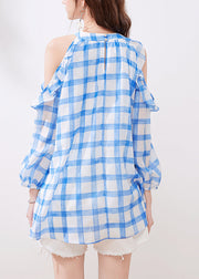 French Blue Ruffled Cold Shoulder Chiffon Shirt Summer