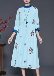 French Blue Ruffled Embroidered Silk Maxi Dress Spring